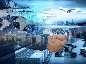 two business men shaking hands over a back drop of logistics plane and cargo dock Freight Forwarder