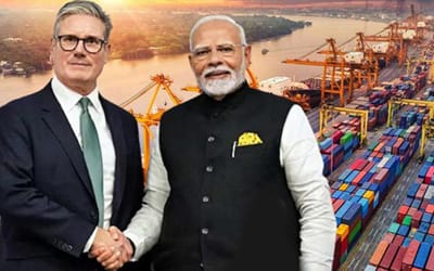 UK and India priministers with shipping containers representing the historic trade deal benefits for freight forwarding and logistics companies in 2025.