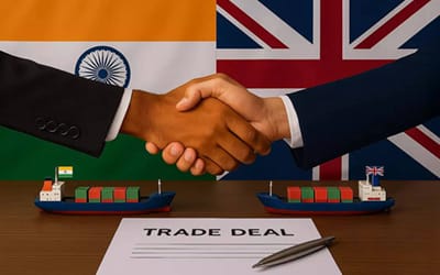  UK and India flags with hand shake representing the historic trade deal benefits for freight forwarding and logistics companies in 2025.